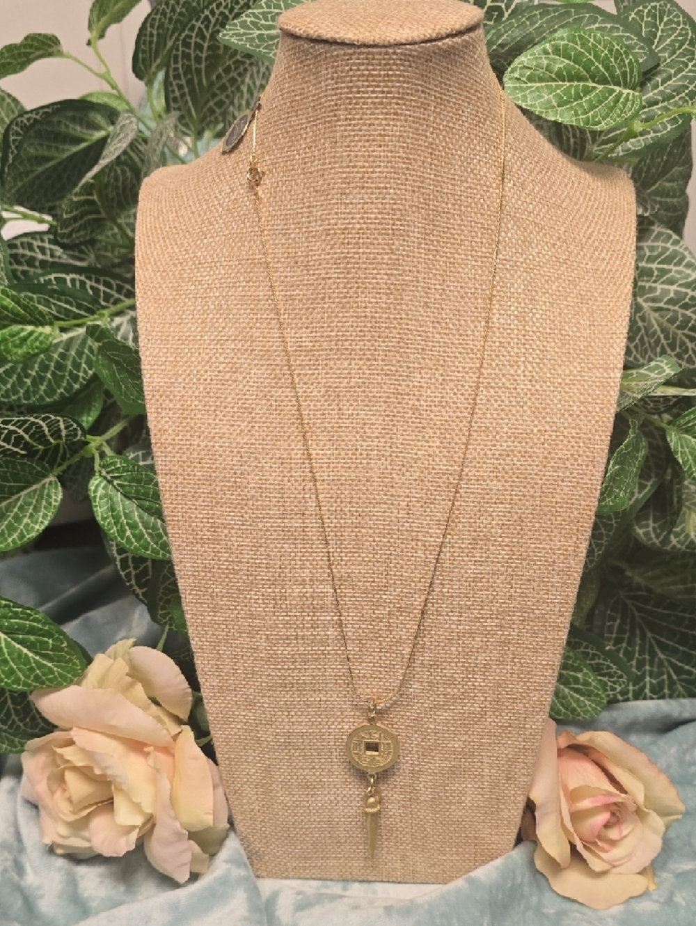 Gold-Tone Faux Chinese Feng Shui Coin & Dangle Spike Necklace - Picture 5 of 8